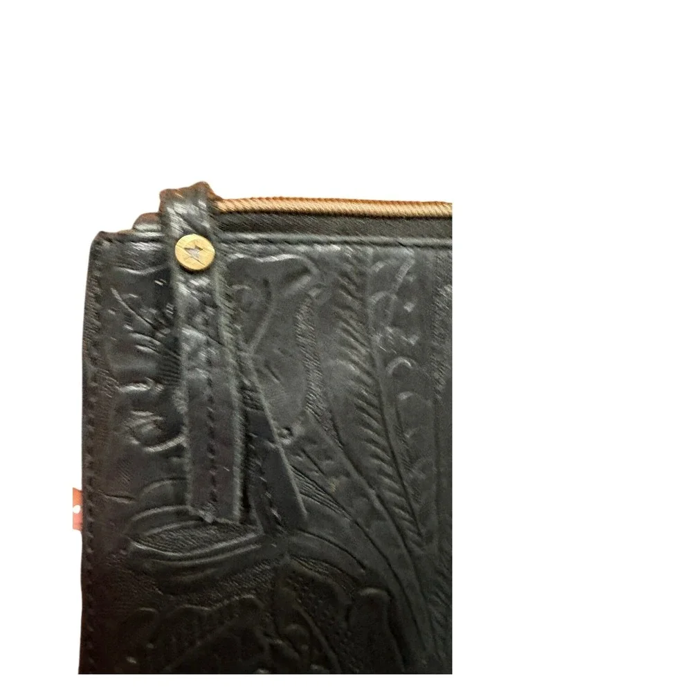American Leather Co Black Tooled Floral Leather Wristlet Clutch Wallet Bag